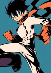 Rule 34 | 1boy, absurdres, black hair, blue background, blue eyes, bright pupils, buttons, chiro (srmthfg), clenched hand, closed mouth, commentary, english commentary, facial mark, gloves, hair between eyes, highres, jacket, long sleeves, looking at viewer, male focus, orange gloves, orange scarf, pants, scarf, short hair, simple background, smile, solo, split mouth, super robot monkey team hyperforce go!, v-shaped eyes, vakodraws, white jacket, white pants, white pupils