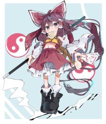 Rule 34 | 1girl, absurdres, ascot, bare shoulders, black footwear, blush, boots, bow, brown eyes, brown hair, closed mouth, detached sleeves, full body, gohei, hair between eyes, hair bow, hair tubes, hakurei reimu, highres, holding, japanese clothes, long hair, navel, nontraditional miko, ofuda, orb, red bow, red skirt, sidelocks, skirt, socks, solo, touhou, tsune (tune), white sleeves, white socks, wide sleeves, yellow ascot, yin yang, yin yang orb