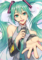 Rule 34 | 1girl, :d, bare shoulders, blue eyes, blue hair, blue nails, blue necktie, breasts, detached sleeves, eyelashes, fingernails, floating hair, grey shirt, hair between eyes, hatsune miku, head tilt, headset, highres, holding, holding microphone, long hair, looking at viewer, microphone, nail polish, necktie, open mouth, outstretched hand, palms, shirt, si tong, sleeveless, sleeveless shirt, small breasts, smile, solo, teeth, twintails, upper body, very long hair, vocaloid