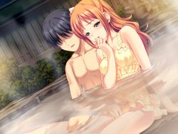 Rule 34 | 10s, 1boy, 1girl, casual one-piece swimsuit, fingering, fingering through clothes, game cg, green eyes, hetero, highres, koutaro, long hair, minazuki izumi, mixed-sex bathing, nude, one-piece swimsuit, onsen, orange hair, outdoors, shared bathing, swimsuit, through clothes, tropical kiss, water