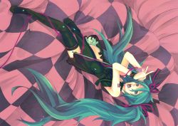 Rule 34 | a+i, black thighhighs, green eyes, green hair, hatsune miku, highres, legs, long hair, open mouth, skirt, solo, thighhighs, twintails, vocaloid, wallpaper, world is mine (vocaloid)