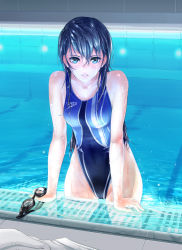 Rule 34 | 1girl, black hair, blue eyes, brand name imitation, competition swimsuit, fed (giba), goggles, unworn goggles, highleg, highleg swimsuit, highres, indoors, long hair, looking at viewer, one-piece swimsuit, original, parted lips, pool, poolside, ripples, solo, speedo (company), swimsuit, towel, wading, wet, wet hair
