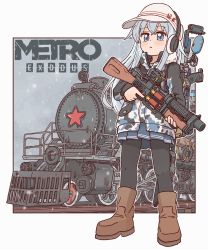 Rule 34 | 1girl, black pantyhose, blue eyes, blue skirt, blush, bocchi-ya-nawi, boots, brown footwear, camouflage, camouflage jacket, closed mouth, earmuffs, full body, gun, hair between eyes, hammer and sickle, hat, hibiki (kancolle), highres, holding, holding gun, holding weapon, jacket, kantai collection, long hair, long sleeves, metro exodus, pantyhose, pleated skirt, red star, skirt, solo, star (symbol), striped clothes, striped skirt, train, verniy (kancolle), weapon, white hair, white hat