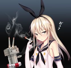 Rule 34 | 10s, 1girl, :3, :o, blonde hair, blue eyes, breasts, character name, cigarette, elbow gloves, gloves, gradient background, hair between eyes, hairband, kantai collection, lifebuoy, long hair, looking at viewer, neckerchief, rensouhou-chan, school uniform, serafuku, shimakaze (kancolle), sleeveless, small breasts, smoke, smoking, solo, swim ring, triangle mouth, upper body, white gloves, yuyu (yuyuworks)