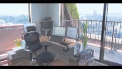 Rule 34 | balcony, building, chair, city, cityscape, cloud, commentary, computer, computer tower, desk, drawing tablet, file cabinet, foliage, glass door, hand fan, headphones, highres, indoors, izumi sai, keyboard (computer), letterboxed, monitor, mountainous horizon, no humans, office chair, paper, paper stack, plant, potted plant, real life, scenery, sky, skyscraper, swivel chair