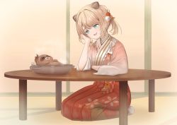 Rule 34 | 1girl, animal ear fluff, animal ears, arm rest, blonde hair, blue eyes, bow, commentary request, extra ears, full body, hair ornament, hakama, hakama skirt, head rest, highres, hololive, japanese clothes, kazama iroha, kimono, long sleeves, looking at animal, open mouth, pink kimono, pokobee, pom pom (clothes), pom pom hair ornament, pot, red hakama, seiza, short hair, short twintails, sitting, skirt, smile, solo, table, teeth, twintails, upper teeth only, virtual youtuber, white bow, yoruillust