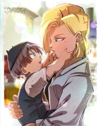 Rule 34 | 1boy, 1girl, absurdres, android 18, artist name, blonde hair, blue eyes, breasts, carrying, child, chromatic aberration, commentary, dragon ball, dragonball z, earrings, english commentary, grey hair, hat, highres, jewelry, medium breasts, open mouth, sarulart, smile, trunks (dragon ball)