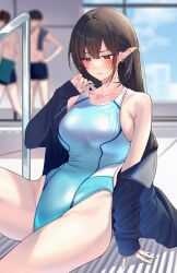 Rule 34 | 1girl, 2boys, adjusting clothes, adjusting swimsuit, black hair, blue jacket, blue one-piece swimsuit, blush, breasts, brown eyes, closed mouth, collarbone, competition swimsuit, cowboy shot, ear piercing, elf, highres, jacket, large breasts, long hair, looking down, mole, mole under eye, multiple boys, off shoulder, one-piece swimsuit, open clothes, open jacket, original, piercing, pointy ears, poolside, pout, sino42, sitting, solo focus, straight hair, sweat, swimsuit, window