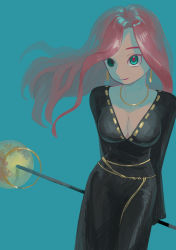 Rule 34 | 1girl, absurdres, aqua eyes, arms behind back, bad id, bad pixiv id, black dress, blue background, breasts, cleavage, closed mouth, commentary, dress, floating hair, gold necklace, highres, jewelry, large breasts, long hair, looking at viewer, moon, necklace, original, pink hair, simple background, solo, turquoise iro, witch