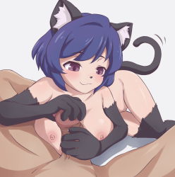 Rule 34 | 1boy, 1girl, :3, absurdres, animal ear fluff, animal ears, bad id, bad pixiv id, black fur, blue hair, blush, breasts, cat ears, cat girl, cat tail, claws, daxieshen huashi, fur, handjob, hetero, highres, ishuzoku reviewers, md5 mismatch, nipples, nude, penis, purple eyes, pussy, resolution mismatch, simple background, solo focus, source smaller, tail, thigh gap, thighhighs, white background