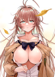 Rule 34 | 1girl, absurdres, ahoge, areola slip, azur lane, bare shoulders, black bow, black bowtie, blue eyes, blush, bow, bowtie, breasts, brown cardigan, brown hair, cardigan, cl (summer sama), cleavage, collarbone, collared shirt, commentary, crossed bangs, falling leaves, hair between eyes, highres, impero (azur lane), impero (languid librarian) (azur lane), large breasts, leaf, long hair, long sleeves, looking at viewer, loose bowtie, off shoulder, official alternate costume, open cardigan, open clothes, parted lips, partially unbuttoned, shirt, sidelocks, simple background, sleeveless, sleeveless shirt, solo, standing, upper body, very long hair, white background, white shirt
