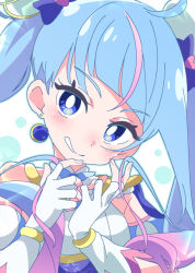 Rule 34 | 1girl, blue eyes, blue hair, bright pupils, cure sky, fingerless gloves, gloves, hair ornament, hirogaru sky! precure, ixy, long hair, looking at viewer, magical girl, multicolored hair, pink hair, precure, solo, sora harewataru, streaked hair, twintails, upper body, white gloves, white pupils