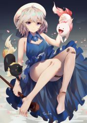 Rule 34 | 1girl, ahoge, bare legs, bare shoulders, barefoot, belt, blue dress, cane, cleavage cutout, closed mouth, clothing cutout, creature, dress, faicha, frilled dress, frills, full body, grey hair, hat, highres, holding, holding cane, iwanaga kotoko, kyokou suiri, looking at viewer, prosthesis, prosthetic leg, purple eyes, signature, sleeveless, sleeveless dress, thighs, toes, white headwear