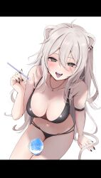 Rule 34 | 1girl, absurdres, ahoge, animal ears, armband, bare shoulders, bikini, black bikini, black eyes, black nails, blush, breasts, cleavage, ear piercing, feet out of frame, food, grey hair, groin, hair between eyes, half-closed eyes, hand up, highres, holding straw, hololive, invisible chair, jewelry, large breasts, letterboxed, lion ears, lion tail, long hair, looking at viewer, looking up, navel, necklace, nerorigogo, open mouth, piercing, shaved ice, shishiro botan, sitting, smile, solo, swimsuit, tail, teeth, tongue, tongue out, upper teeth only, virtual youtuber