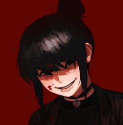 Rule 34 | 1girl, black choker, black eyes, black hair, blood, blood from mouth, blood on clothes, blood on face, choker, collarbone, covered collarbone, dgk, evil grin, evil smile, grin, hair between eyes, hair bun, heart, heart choker, injury, original, parted lips, portrait, red background, simple background, single hair bun, smile, solo, teeth, upper body, veins