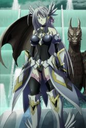 Rule 34 | 10s, 1girl, aqua eyes, armor, breasts, female focus, high school dxd, highres, large breasts, long hair, rossweisse, silver hair, smile, solo, standing, stitched, third-party edit