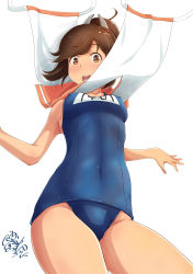Rule 34 | 1girl, absurdres, ahoge, blue one-piece swimsuit, brown eyes, brown hair, character name, cowboy shot, from below, hair ornament, hairclip, highres, i-401 (kancolle), island lagoon, kantai collection, name tag, one-piece swimsuit, one-piece tan, open mouth, orange sailor collar, ponytail, round teeth, sailor collar, school swimsuit, short hair, short ponytail, signature, simple background, solo, standing, surprised, swept bangs, swimsuit, swimsuit under clothes, tabard, tan, tanline, teeth, thighs, upper teeth only, wardrobe malfunction, white background