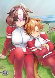 Rule 34 | 2girls, ahoge, animal ears, breasts, brown hair, closed eyes, day, grass, horse ears, horse girl, horse tail, large breasts, leaning on person, light blush, light brown hair, light smile, looking at another, meisho doto (umamusume), multiple girls, nabe puyo, on ground, outdoors, pants, purple eyes, sitting, sleeping, stopwatch, t.m. opera o (umamusume), tail, track suit, umamusume, watch, yuri