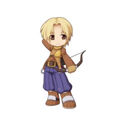 Rule 34 | 1boy, archer (ragnarok online), arm behind back, belt, blonde hair, boots, bow (weapon), brown belt, brown eyes, brown footwear, brown gloves, brown shirt, chest guard, chibi, closed mouth, full body, gloves, holding, holding bow (weapon), holding weapon, long sleeves, looking at viewer, male focus, medium bangs, official art, parted bangs, purple shorts, ragnarok online, shirt, short hair, shorts, simple background, smile, solo, standing, tachi-e, transparent background, weapon, yuichirou