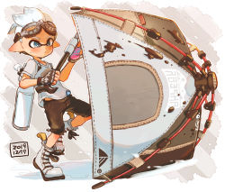 Rule 34 | 1boy, black gloves, blue eyes, blue hair, boots, brown shirt, closed mouth, dated, fingerless gloves, gloves, harutarou (orion 3boshi), highres, holding, holding weapon, ink tank (splatoon), inkling, inkling (language), inkling boy, inkling player character, looking to the side, male focus, nintendo, paint splatter, pointy ears, print shirt, shirt, short hair, short sleeves, solo, splatoon (series), splatoon 2, standing, standing on one leg, straight-laced footwear, sweatdrop, t-shirt, tenta brella (splatoon), tentacle hair, weapon, white footwear