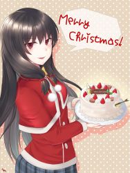 Rule 34 | 1girl, alternate costume, black hair, blue skirt, blush, cake, capelet, christmas, fish, food, hair ribbon, highres, holding, holding plate, isokaze (kancolle), kanaka (kananan0910828), kantai collection, long hair, long sleeves, merry christmas, open mouth, plaid, plaid skirt, plate, polka dot, polka dot background, pom pom (clothes), red capelet, red eyes, ribbon, sidelocks, simple background, skirt, solo, sparkle, speech bubble, tress ribbon, yellow neckwear, you&#039;re doing it wrong