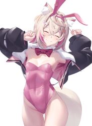 Rule 34 | 1girl, absurdres, animal ears, bandaid, bandaid hair ornament, black jacket, blonde hair, blush, breasts, closed eyes, closed mouth, collar, detached collar, dog ears, dog girl, dog tail, fake animal ears, fur-trimmed jacket, fur trim, hair ornament, highres, hololive, hololive english, jacket, leotard, mococo abyssgard, multicolored hair, pink hair, pink leotard, pink nails, playboy bunny, rabbit ears, revil0l, small breasts, smile, solo, strapless, strapless leotard, streaked hair, tail, virtual youtuber, white collar, x hair ornament