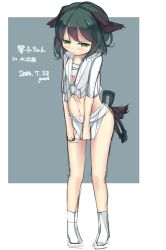 Rule 34 | 1girl, alternate costume, animal ears, blush, covering crotch, covering privates, dated, embarrassed, flat chest, front-tie top, frown, full body, fundoshi, garnet, green eyes, green hair, grey background, half-closed eyes, japanese clothes, kasodani kyouko, legs, looking at viewer, matching hair/eyes, midriff, mizu happi, navel, no pants, open clothes, open shirt, parted bangs, rope, sarashi, shirt, short hair, short sleeves, signature, simple background, sketch, skirt, skirt tug, socks, solo, standing, tail, tied shirt, touhou, white shirt