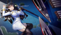 Rule 34 | 1girl, animal ears, ass, atago (azur lane), azur lane, black hair, black thighhighs, blush, breasts, brown eyes, cannon, closed mouth, extra ears, gloves, hair between eyes, hair ribbon, half-closed eyes, highres, holding, holding sword, holding weapon, jacket, kagiyama (clave), katana, large breasts, long hair, long sleeves, looking at viewer, lying, machinery, military, military uniform, miniskirt, mole, mole under eye, on floor, pencil skirt, ribbon, rigging, shirt, sidelocks, skirt, smile, solo, sparkle, swept bangs, sword, thighhighs, thighs, torpedo, tsurime, twisted torso, uniform, weapon, white ribbon, white shirt