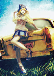 Rule 34 | bad id, bad pixiv id, blonde hair, bracelet, car, grass, hat, high heels, jewelry, long hair, motor vehicle, necklace, open shoes, original, red eyes, skirt, smile, solo, sunlight, tank top, total, vehicle