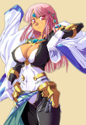 Rule 34 | 1girl, ariel org, banpresto, breasts, cape, cleavage, dark skin, dark-skinned female, large breasts, pink hair, real robot regiment, red eyes, sangekimaru, solo, super robot wars, super robot wars original generation