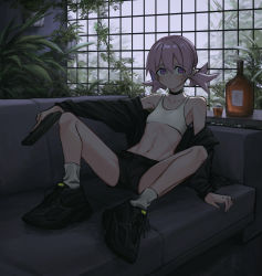 Rule 34 | 1girl, alcohol, backlighting, black choker, black footwear, black shorts, blush, bottle, choker, couch, cup, drinking glass, ear piercing, female focus, flat chest, gun, handgun, highres, holding, holding gun, holding weapon, indoors, looking at viewer, low twintails, navel, off shoulder, original, piercing, pink hair, plant, purple eyes, shoes, short shorts, short twintails, shorts, shot glass, sneakers, socks, solo, sports bra, toxic ghost, twintails, weapon, window