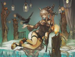 Rule 34 | 1girl, absurdres, arknights, bed, bed sheet, belt, bird, bird on hand, black one-piece swimsuit, breasts, candle, closed mouth, crow, curtains, cushion, detached sleeves, high ponytail, highres, holding, holding staff, horns, infection monitor (arknights), kensei (v2), large breasts, long hair, lying, official alternate costume, on bed, one-piece swimsuit, outstretched arm, pointy ears, ponytail, sandals, shining (arknights), shining (silent night) (arknights), solo, staff, swimsuit, thighs, tree, white hair