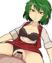 Rule 34 | 1boy, 1girl, akira (cookie), bar censor, black bra, black panties, bra, breasts, buttons, censored, cleavage, clothed sex, clothing aside, commentary, cookie (touhou), cowboy shot, dutch angle, green hair, hair between eyes, hetero, hospital king, kazami yuuka, large breasts, long bangs, open mouth, panties, panties aside, penis, plaid, plaid skirt, plaid vest, pov, pov crotch, pussy, red eyes, red skirt, red vest, sex, shirt, short hair, short sleeves, simple background, skirt, solo focus, textless version, touhou, underwear, vaginal, vest, white background, white shirt