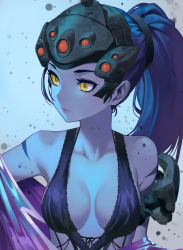 Rule 34 | 1girl, armor, blue hair, blue skin, breasts, collarbone, colored skin, helmet, lingerie, lipstick, looking to the side, makeup, overwatch, overwatch 1, ponytail, salmon88, scar, small breasts, solo, underwear, undressing, visor, widowmaker (overwatch), yellow eyes