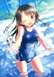 Rule 34 | 1girl, ;d, absurdres, braid, breasts, brown hair, cloud, day, highres, long hair, medium breasts, old school swimsuit, one-piece swimsuit, one eye closed, open mouth, original, school swimsuit, shiny clothes, sky, smile, solo, splashing, swimsuit, takoyaki (roast), tree, twin braids, two side up, wading, water, wet