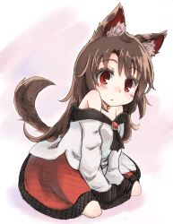 Rule 34 | 1girl, :o, aged down, animal ear fluff, animal ears, brown hair, collarbone, colored eyelashes, dress, dress shirt, highres, imaizumi kagerou, kibisake, long hair, looking at viewer, off shoulder, open mouth, red eyes, red skirt, shirt, sitting, sketch, skirt, skirt set, sleeves past wrists, solo, tail, touhou, wariza, wide sleeves, wolf ears, wolf tail