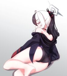 Rule 34 | 1girl, absurdres, ahoge, ass, bare back, bare legs, barefoot, black choker, black hair, black panties, black sweater, blue archive, choker, commentary request, demon girl, demon horns, from behind, hair between eyes, halo, highres, hood, hooded sweater, horns, jonasmk, kayoko (blue archive), long hair, long sleeves, looking at viewer, looking back, lying, multicolored hair, on stomach, panties, ponytail, red eyes, sidelocks, simple background, soles, solo, sweater, two-tone hair, underwear, white hair