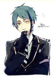 Rule 34 | 1boy, black gloves, black hair, black jacket, brown eyes, closed mouth, collared shirt, commentary request, cropped torso, diagonal-striped clothes, diagonal-striped necktie, diagonal-striped neckwear, eating, glint, gloves, green hair, hand up, heterochromia, highres, jacket, jade leech, long sleeves, looking at viewer, male focus, multicolored hair, necktie, parted bangs, shirt, sidelocks, signature, simple background, smile, sofra, solo, streaked hair, striped clothes, striped necktie, striped neckwear, twisted wonderland, twitter username, upper body, white background, white shirt, yellow eyes