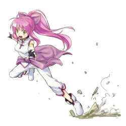 Rule 34 | 1girl, beyblade, bow, chen mao, commentary request, denchuubou, fang, fingerless gloves, gloves, jumping, long hair, pants, pink hair, ponytail, shoes, sidelocks, simple background, sleeveless, smile, solo, white background, white footwear, white pants, yellow eyes