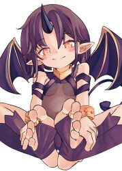 Rule 34 | 1girl, barefoot, blush, bracelet, breasts, chaosexceed, closed mouth, demon girl, demon tail, demon wings, feet, foot focus, hands on feet, highres, horns, jewelry, looking down, navel, original, pointy ears, red eyes, simple background, single horn, sitting, small breasts, smile, soles, solo, stirrup footwear, tail, toes, white background, wings