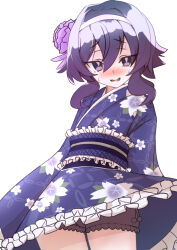 Rule 34 | 1girl, blue archive, blush, commentary request, floral print, flower, hair flower, hair ornament, hairband, haruka (blue archive), haruka (new year) (blue archive), highres, japanese clothes, kimono, looking at viewer, medium hair, obi, pag2640, print kimono, purple eyes, purple hair, purple hairband, purple kimono, sash, short kimono, short shorts, shorts, smile, solo, sweat, wavy mouth
