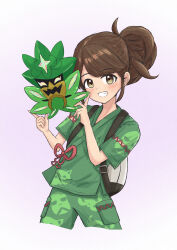 Rule 34 | 1girl, absurdres, artist request, backpack, bag, brown eyes, brown hair, child, clenched hands, clenched teeth, creatures (company), female focus, fingernails, game freak, gen 9 pokemon, hands up, happy, highres, holding, holding mask, huge filesize, japanese clothes, jinbei (clothes), juliana (pokemon), light blush, long hair, looking at viewer, mask, matching hair/eyes, neck, nintendo, official alternate costume, official alternate hairstyle, ogerpon, parted lips, pokemon, pokemon sv, short sleeves, shorts, side ponytail, sidelocks, simple background, smile, standing, swept bangs, teeth, traditional clothes