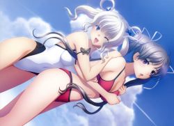 Rule 34 | 2girls, ;d, absurdres, bikini, black hair, blue eyes, competition swimsuit, copyright request, dutch angle, highres, long hair, multiple girls, one-piece swimsuit, one eye closed, open mouth, purple eyes, smile, swimsuit, tadano akira, twintails, white hair, wink