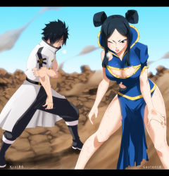 Rule 34 | 1boy, 1girl, black hair, breasts, cleavage, dress, fairy tail, gaston18, highres, large breasts, minerva orlando, outdoors, rogue cheney, sky