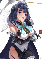 Rule 34 | 1girl, absurdres, arm under breasts, black gloves, blue cape, blue eyes, blue hair, blush, bow, bowtie, breasts, cape, chain, chain headband, cleavage, cleavage cutout, clock hands, clothing cutout, detached sleeves, fang, flower, gloves, hair intakes, hand up, head chain, highres, holding, holding flower, hololive, hololive english, jewelry, large breasts, mechanical arms, miniskirt, open mouth, ouro kronii, ouro kronii (1st costume), red flower, red rose, rei (9086), ribbon, ribbon earrings, rose, short hair, skirt, solo, teeth, upper teeth only, veil, virtual youtuber