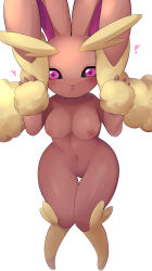 Rule 34 | 1girl, :&lt;, absurdres, animal nose, black sclera, blush, body fur, breasts, brown fur, closed mouth, colored sclera, completely nude, creatures (company), female focus, furry, furry female, game freak, gen 4 pokemon, hands up, highres, holding own ears, knees together feet apart, large breasts, long ears, looking at viewer, lopunny, navel, nintendo, nipples, nude, pink eyes, pokemon, pokemon (creature), rabbit ears, rabbit girl, simple background, solo, standing, stomach, thick thighs, thigh gap, thighs, two-tone fur, u-sora, white background, wide hips, yellow fur