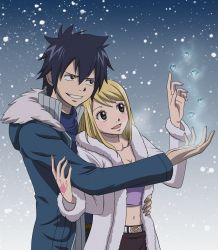 Rule 34 | 1boy, 1girl, arm up, belt, belt buckle, black hair, blonde hair, blue shirt, blush, breasts, breath, brown eyes, buckle, cleavage, collarbone, couple, fairy tail, gradient background, gray fullbuster, grin, hair between eyes, hand tattoo, hand up, happy, heart, height difference, hetero, hood, hood down, hug, ice, jacket, long hair, looking up, lucy heartfilia, magic, midriff, navel, open mouth, outdoors, outstretched arm, purple tank top, shirt, short hair, smile, snow, snowing, standing, tank top, tattoo, teeth, tongue, winter, winter clothes
