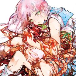 1girl album_cover blood blood_in_hair blood_on_arm blood_on_clothes blood_on_leg blue_sailor_collar blue_skirt cover entrails feet_out_of_frame green_eyes guro heart_(organ) highres holding_entrails light_smile long_hair looking_at_viewer nanjiyibei hugging_object organs original pillow pillow_hug pink_hair sailor_collar shirt short_sleeves skirt socks solo white_background white_shirt white_socks