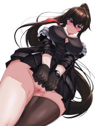 Rule 34 | 1girl, absurdres, asymmetrical legwear, blush, breasts, brown hair, censored, cleavage, counter:side, elze (s01047480836), gloves, highres, korean commentary, large breasts, long hair, long sleeves, mismatched legwear, mosaic censoring, necktie, purple eyes, pussy, single thighhigh, skirt, solo, thighhighs, very long hair, yoo mina