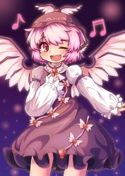 Rule 34 | 1girl, absurdres, animal ears, beamed sixteenth notes, bird ears, bird wings, blush, brown dress, brown hat, cowboy shot, dress, earrings, eighth note, frilled dress, frilled sleeves, frills, hat, highres, jewelry, long sleeves, moroqoishii, musical note, mystia lorelei, one eye closed, open mouth, pink hair, red eyes, short hair, single earring, smile, solo, teeth, touhou, upper teeth only, white wings, winged hat, wings
